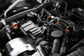 Wall Mural - Closeup view of car engine in modern auto