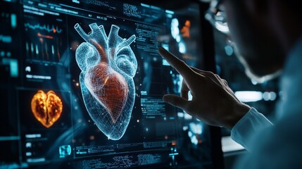 Futuristic medical technology: doctor examining 3D holographic projection of human heart with brain scan, showcasing advanced diagnostic tools in cardiology.