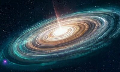 Wall Mural - tracking shot with distant galaxy: the camera starts by focusing on a distant galaxy’s spiral arms, 