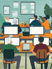 Fototapete - A group of senior individuals is participating in a computer course, focusing on using laptops and desktop computers for learning. Generative AI