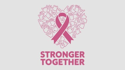 Breast Cancer Awareness Month Campaign. Pink Ribbon in Heart Shape with text stronger together on white background