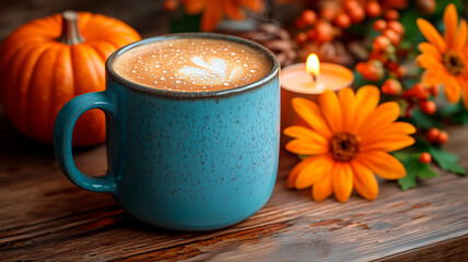 cup of coffee and flowers autumn