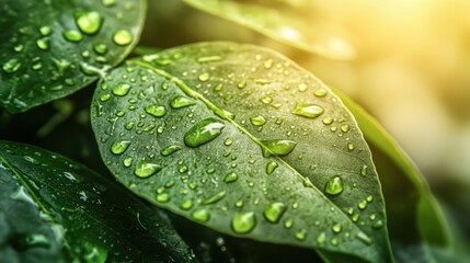 Aufkleber - Sunlight filters through lush greenery, highlighting water droplets on leaves, creating a refreshing and vibrant atmosphere. Generative AI