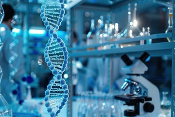 Aufkleber - A striking DNA strand stands out in a laboratory filled with scientific instruments and blurred glassware, highlighting genetic research. Generative AI