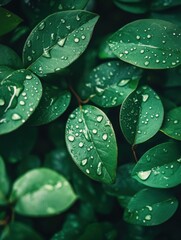 Sticker - Morning dew collects on vibrant green leaves, showcasing their freshness and vitality in a lush, natural environment. Generative AI