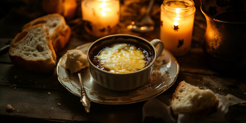 a cup of soup with a spoon and some bread