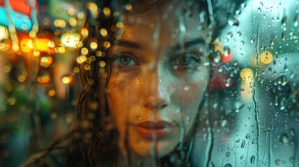 Poster - A woman's face is seen through a rain-streaked window. AI.