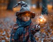 © sergio - A young child dressed as a witch casts a spell with a glowing wand. AI.