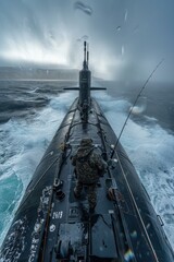 Wall Mural - A submarine sails through rough waters, with a crew member enjoying some fishing. AI.