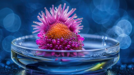 Canvas Print - A close-up of a pink and orange flower with a blue background. AI.