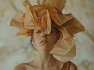 Poster - A woman with a textured paper crown covering her eyes. AI.