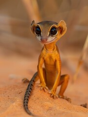 Canvas Print - A small lizard with big eyes sits on the sand. AI.