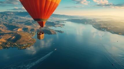 Canvas Print - Hot air balloon ride over a vast lake. AI.