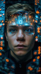 Wall Mural - A person with a circuit board on their forehead. AI.