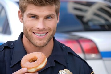 Poster - A police officer smiles while holding a donut. AI.