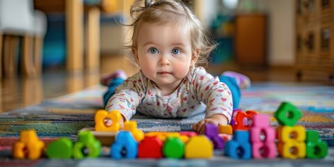 Sticker - A baby playing with colorful blocks. AI.