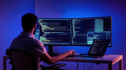 Poster - Programmer Working Late at Night with Dual Monitors