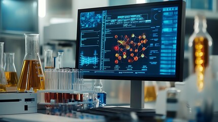 Poster - Advanced chemical reactions monitored digitally in a high-tech futuristic lab
