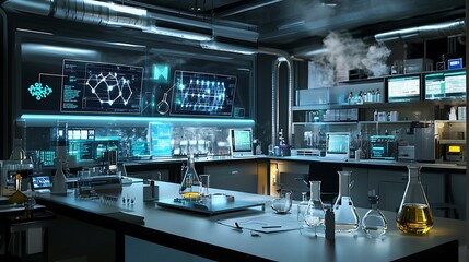 Poster - A futuristic chemistry lab with real-time digital monitoring and control of chemical reactions 