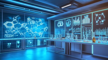 Poster - A futuristic chemistry lab with interactive displays for studying the chemistry of alternative energy sources 