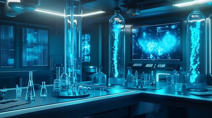 Poster - A futuristic chemistry lab featuring digital tools for studying the properties and behaviors of nanomaterials 