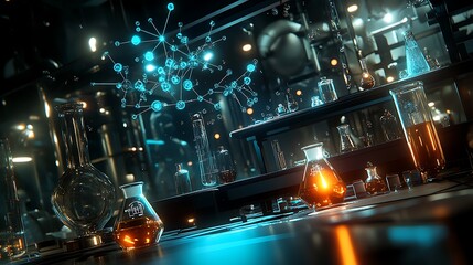 Poster - A futuristic chemistry lab featuring digital tools for studying the properties and behaviors of nanomaterials 