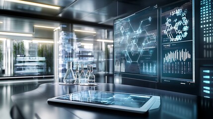 Poster - A futuristic chemistry lab featuring digital tools for studying the properties and behaviors of nanomaterials 