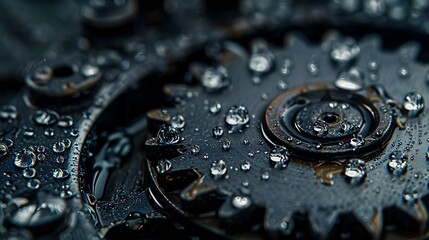 An intricate view of a slick gearing wheel with drips of water