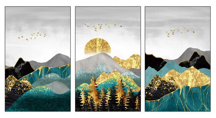 3 pieces wall frame canvas art. golden turquoise blue and black colorful mountains, birds, clouds and golden sun in 3d landscape background
