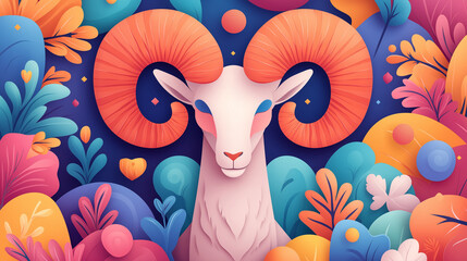 A vibrant illustration of the Aries zodiac sign, a ram with large horns, surrounded by colorful foliage.