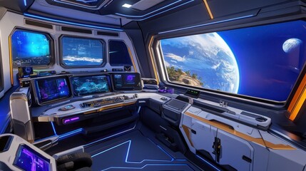 Poster - Futuristic Spaceship Interior with Earth View