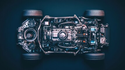 Poster - Exposed Car Engine and Chassis with Tires