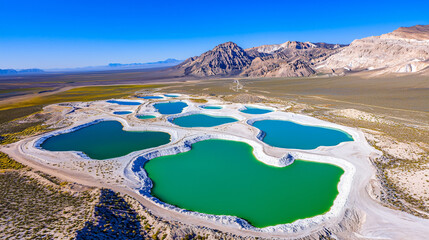 aerial view of geometric lithium mining ponds in a desert landscape