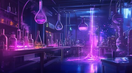 Poster - A futuristic chemistry workshop featuring real-time digital analysis of chemical reaction progres