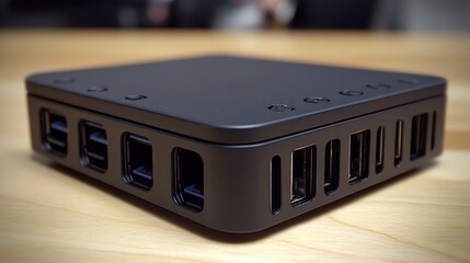 Aufkleber - Black USB Hub with Multiple Ports on Wooden Surface