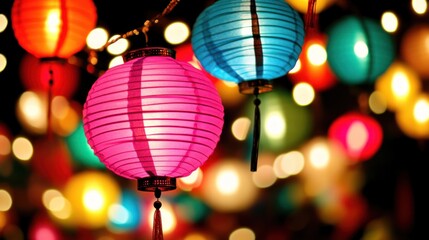 Poster - Pink and Blue Paper Lanterns with Bokeh Lights