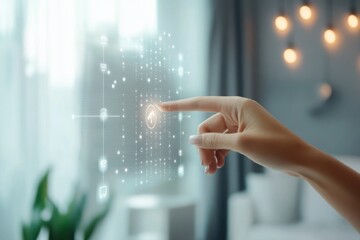 Hand touching virtual interface in futuristic home