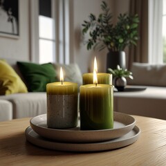 Wall Mural - Olive green candles at the table in the modern living room 