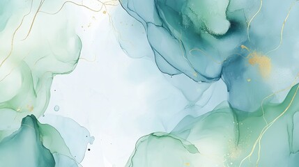 Soft blue and green watercolor design with gold lines and paint stains. Marbled alcohol ink effect. Perfect for a wedding invitation or as a backdrop.