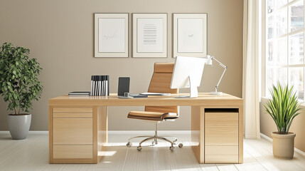 Modern home office: wooden desk, ergonomic chair, natural light, minimalist design