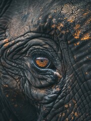 Poster - The close-up captures the unique textures of an elephant's skin and the soulful depth within its eye, showcasing its majestic beauty. Generative AI