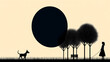 © Nataly - Woman walking dog under eclipse in abstract landscape