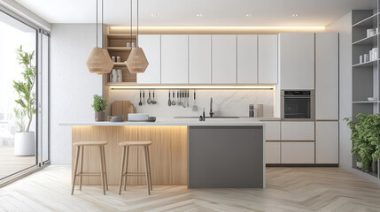 Wall Mural - A stylish kitchen with white and gray cabinets, wooden accents, and a parquet floor. It features modern pendant lights, a kitchen island with stools, and a minimalist design.