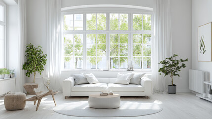 Wall Mural - A bright, white living room with a large window. The room has a simple, Scandinavian style.