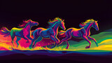 Brightly colored pop art illustration of wild horses in the desert