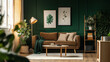 © Hikmet - A stylish living room with dark green walls, a white wooden floor, a brown sofa, a lamp, and a coffee table.
