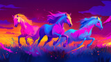Brightly colored pop art illustration of wild horses in the desert
