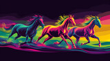 Brightly colored pop art illustration of wild horses in the desert