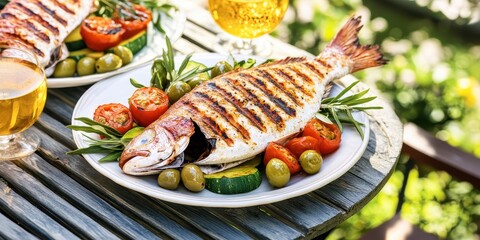 a plate of food on a table with a glass of beer