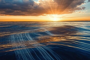 Poster - Golden Sunset Over Calm Ocean Waters With Gentle Waves and Dramatic Clouds